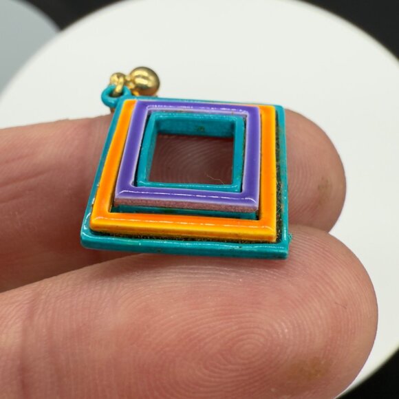 Vintage Bright Multicolor Retro Geometric Enamel Block Square Earrings 80's - Picture 6 of 10